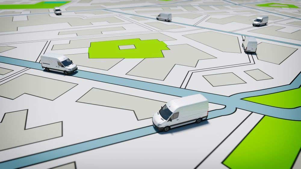 Multiple Trucks On A Road City Map Using GPS Tracking