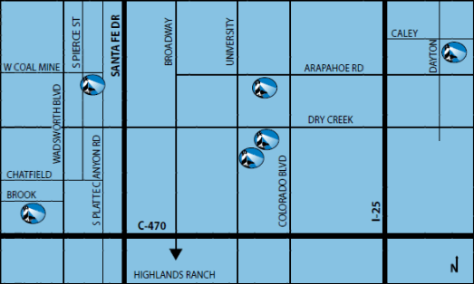 Map with blue background showing streets and locations in the Highlands Ranch area.