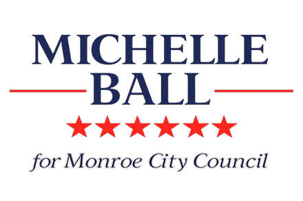 Campaign logo for Michelle Ball, candidate for Monroe City Council. Blue text with red horizontal lines and stars.