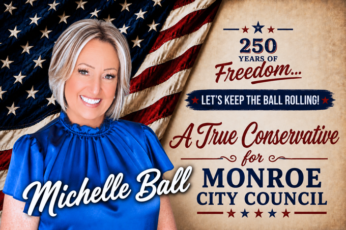 Woman in blue holding American flag, smiling in front of a backdrop with logos.