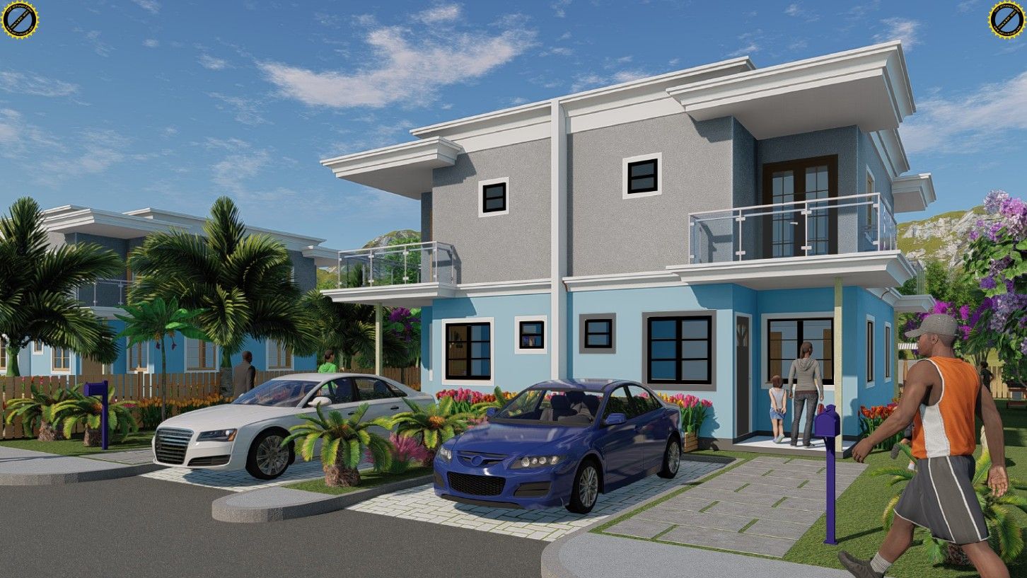 Modern two-story house with parked cars, balcony, palm trees, and a person walking in the front yard