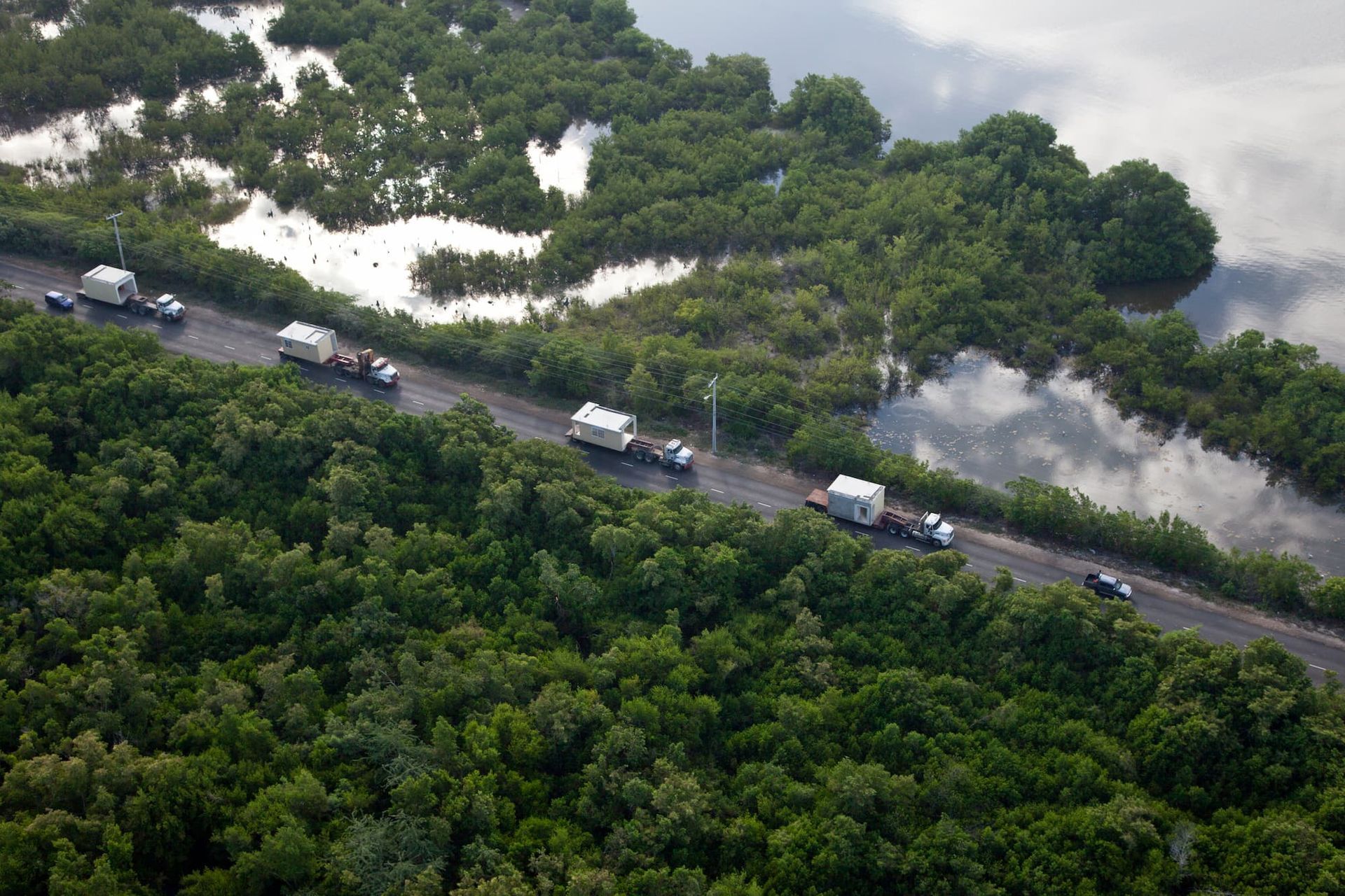 Heavy trucks drive along a wet road beside dense green forest, with mist rising nearby.