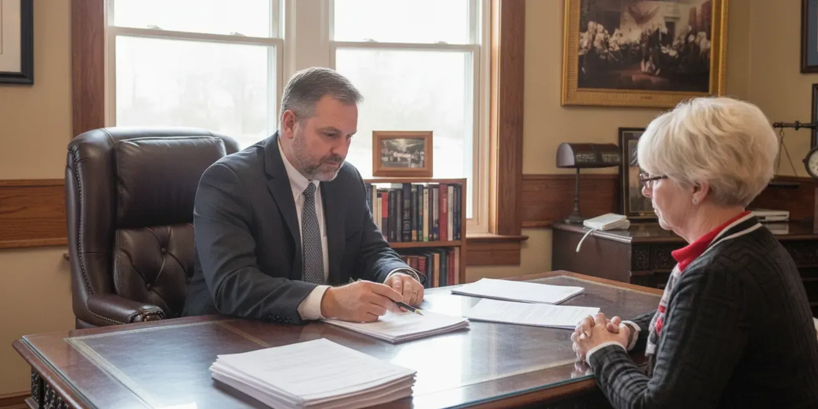 Attorney and client reviewing Michigan DUI probation paperwork at a desk