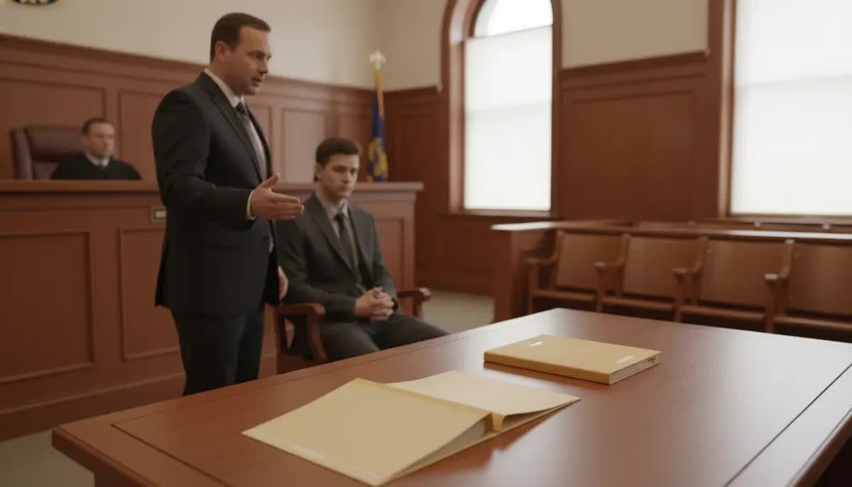 A lawyer speaking in a Michigan courtroom beside a seated client, with blank folders on the table an