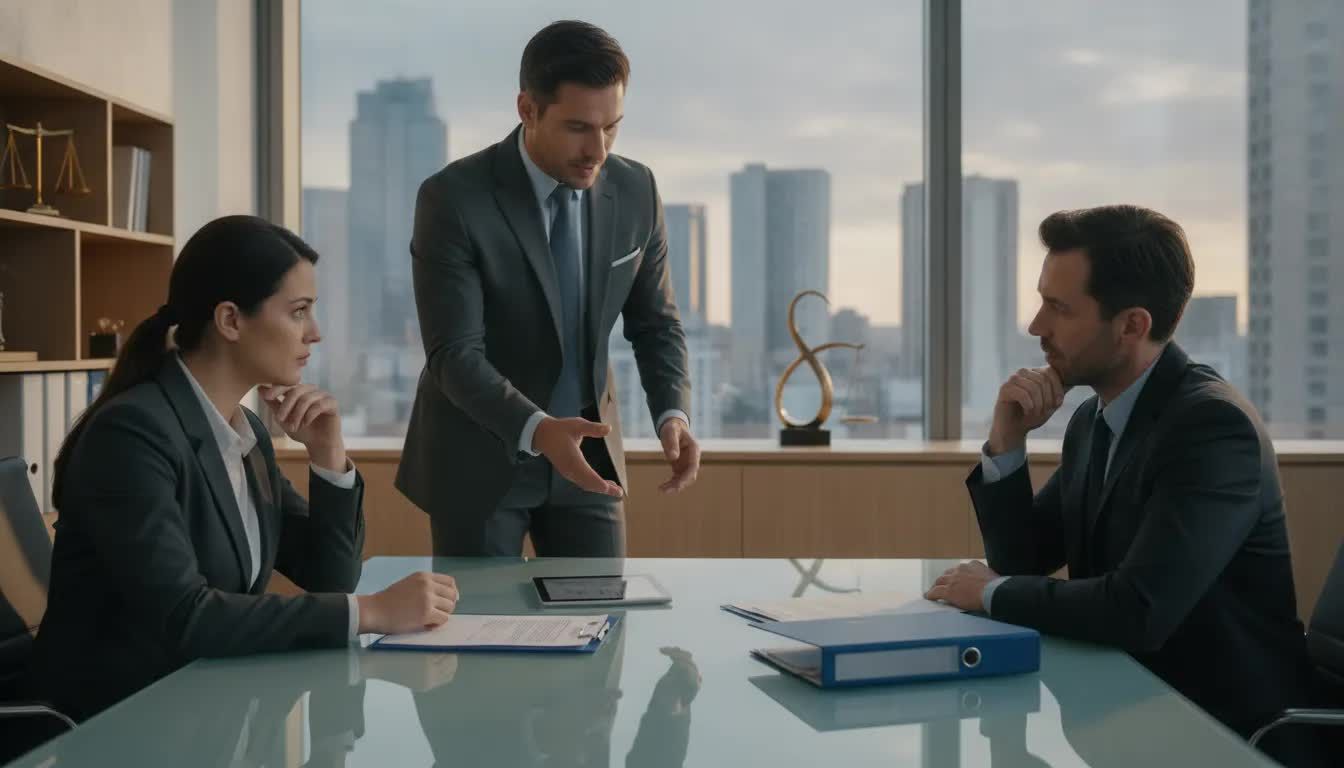 Three lawyers discussing multiple DUI defense strategies over legal documents.