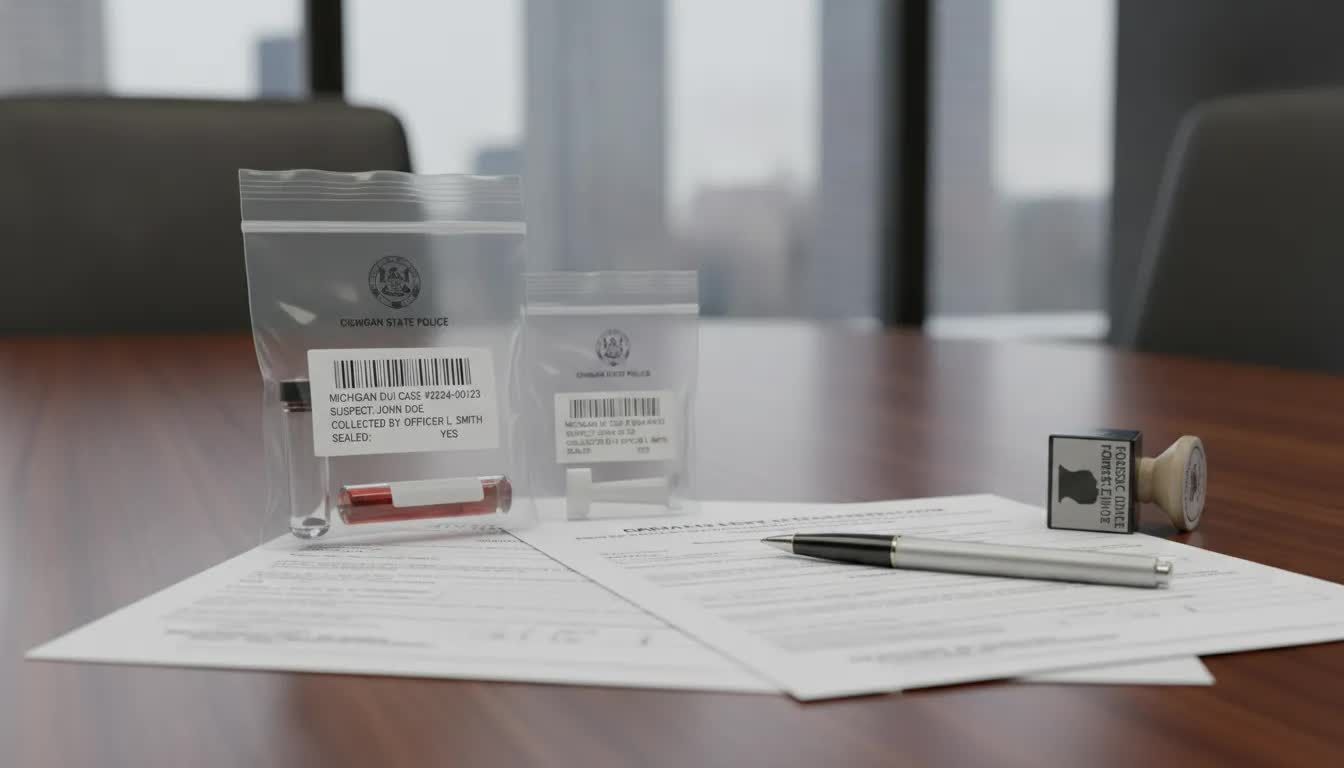 Blood evidence bags, chain-of-custody forms, and a forensic stamp for Michigan DUI evidence.