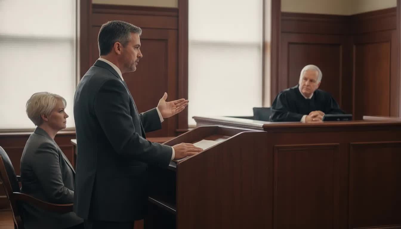 Defense counsel addresses a judge while a client listens, illustrating a Michigan DUI plea withdrawal request