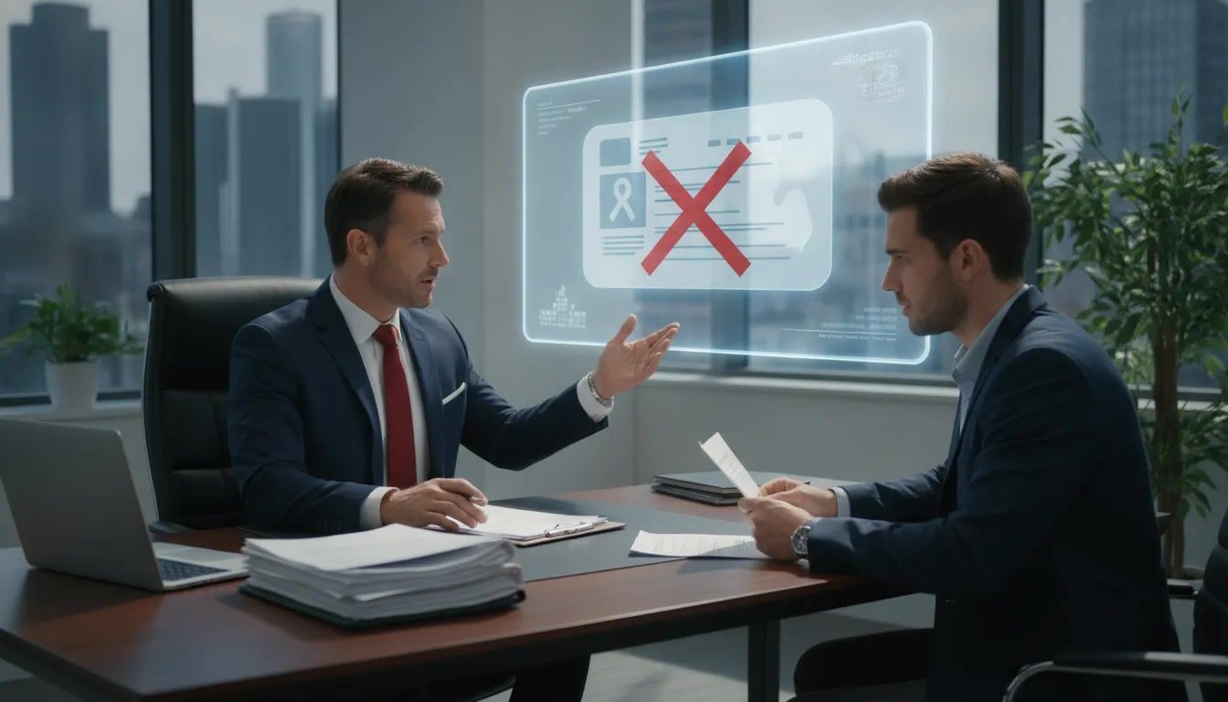 Two men review legal documents beside a DUI license suspension graphic.