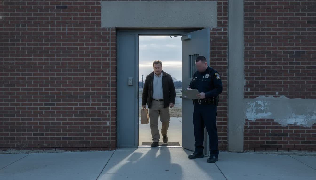 A person leaving a county jail doorway at dawn while a uniformed officer checks a clipboard, with no