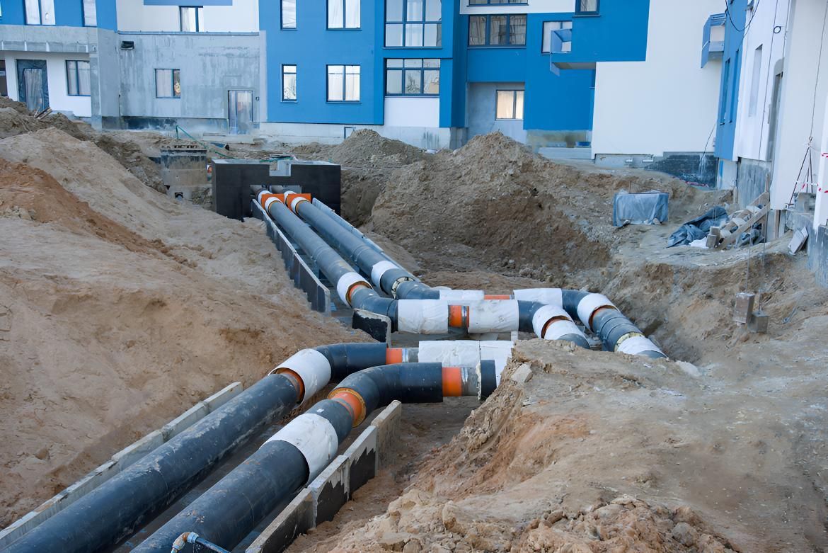 Bunch of Pipes Are Laying in the Dirt in Front of a Building — Luke Barry Plumbing in Southport, QLD