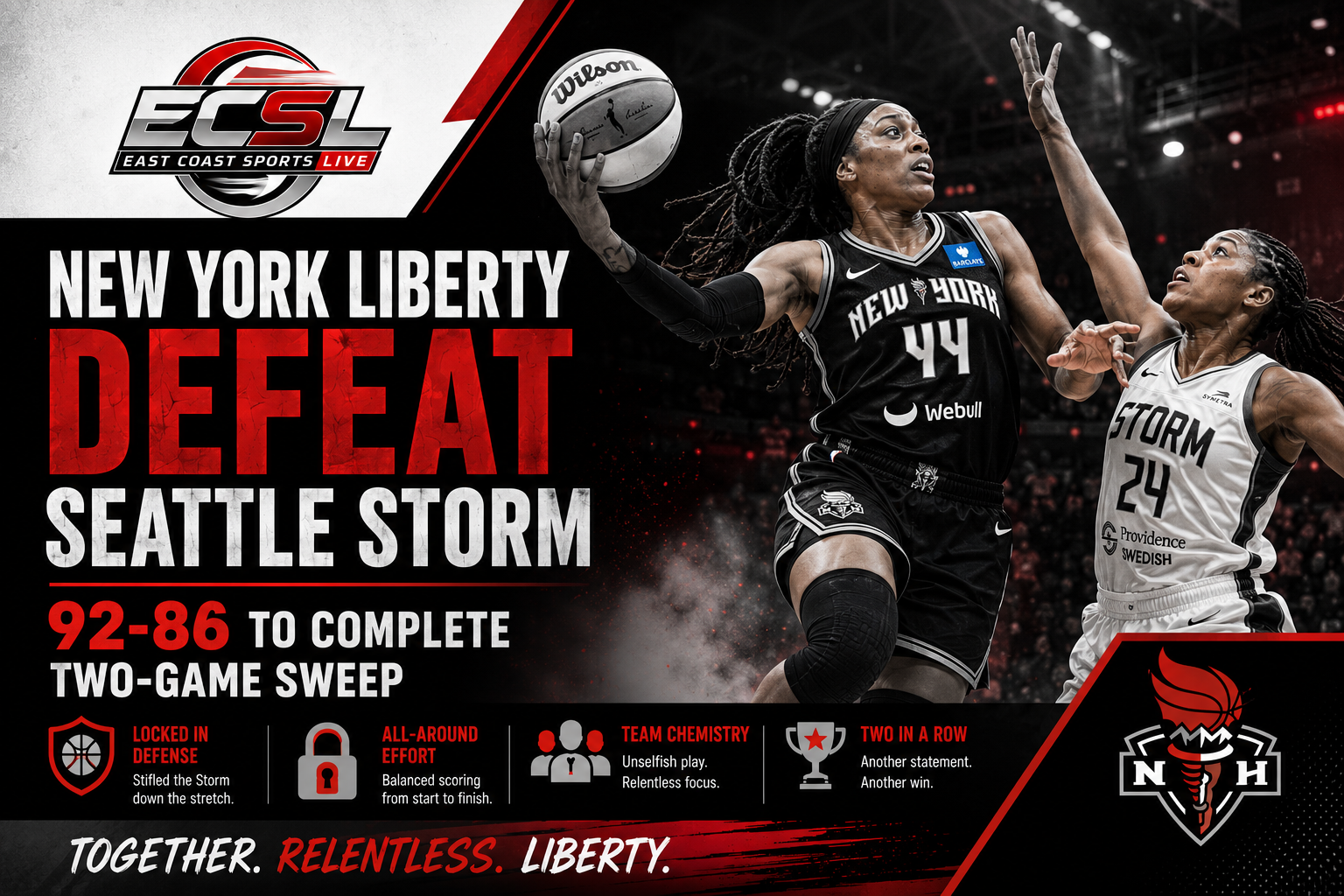 New York Liberty player scores against Seattle Storm defense