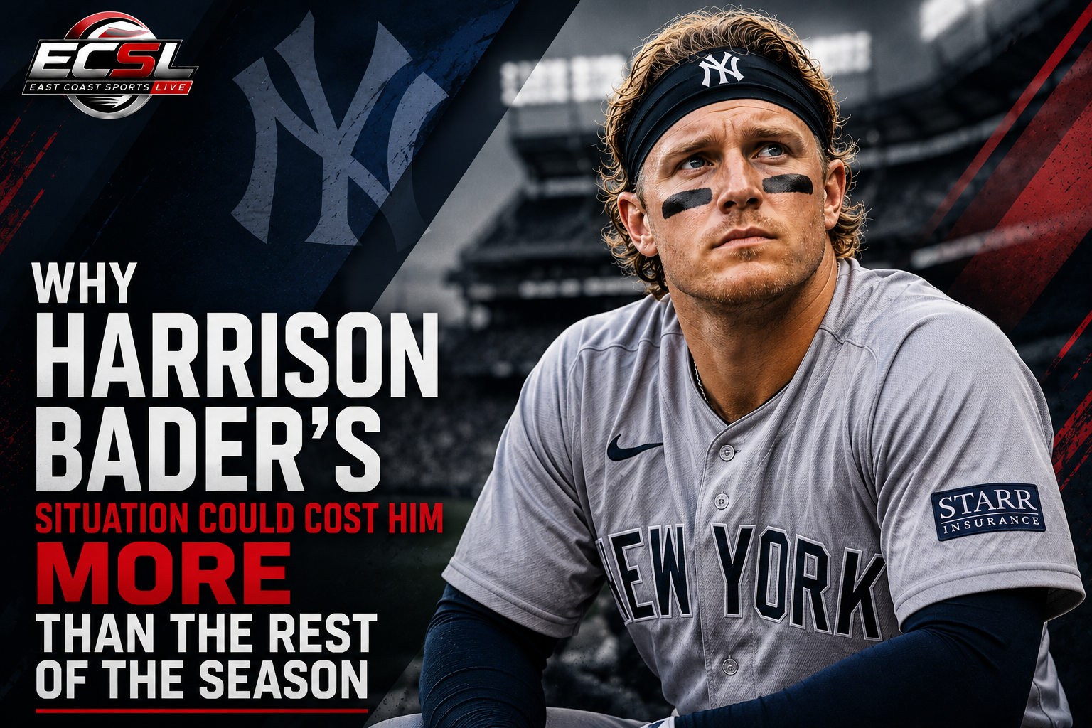Harrison Bader in Yankees uniform during a game with a focused expression in a stadium.