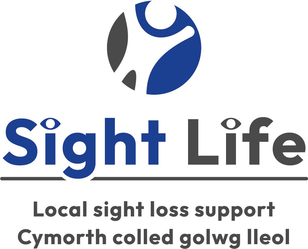Logo for Sight Life: a stylized human figure with raised arms inside a blue and gray circle, and the words 