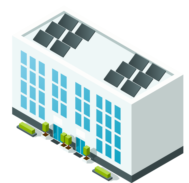 An isometric illustration of a building with solar panels on the roof.