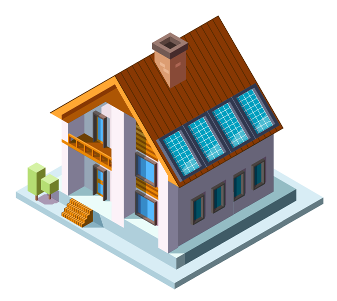 An isometric illustration of a house with solar panels on the roof