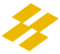 A yellow and white logo on a white background