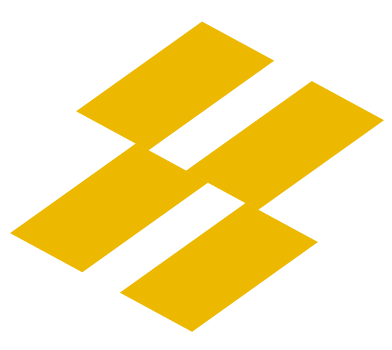 A yellow and white logo on a white background