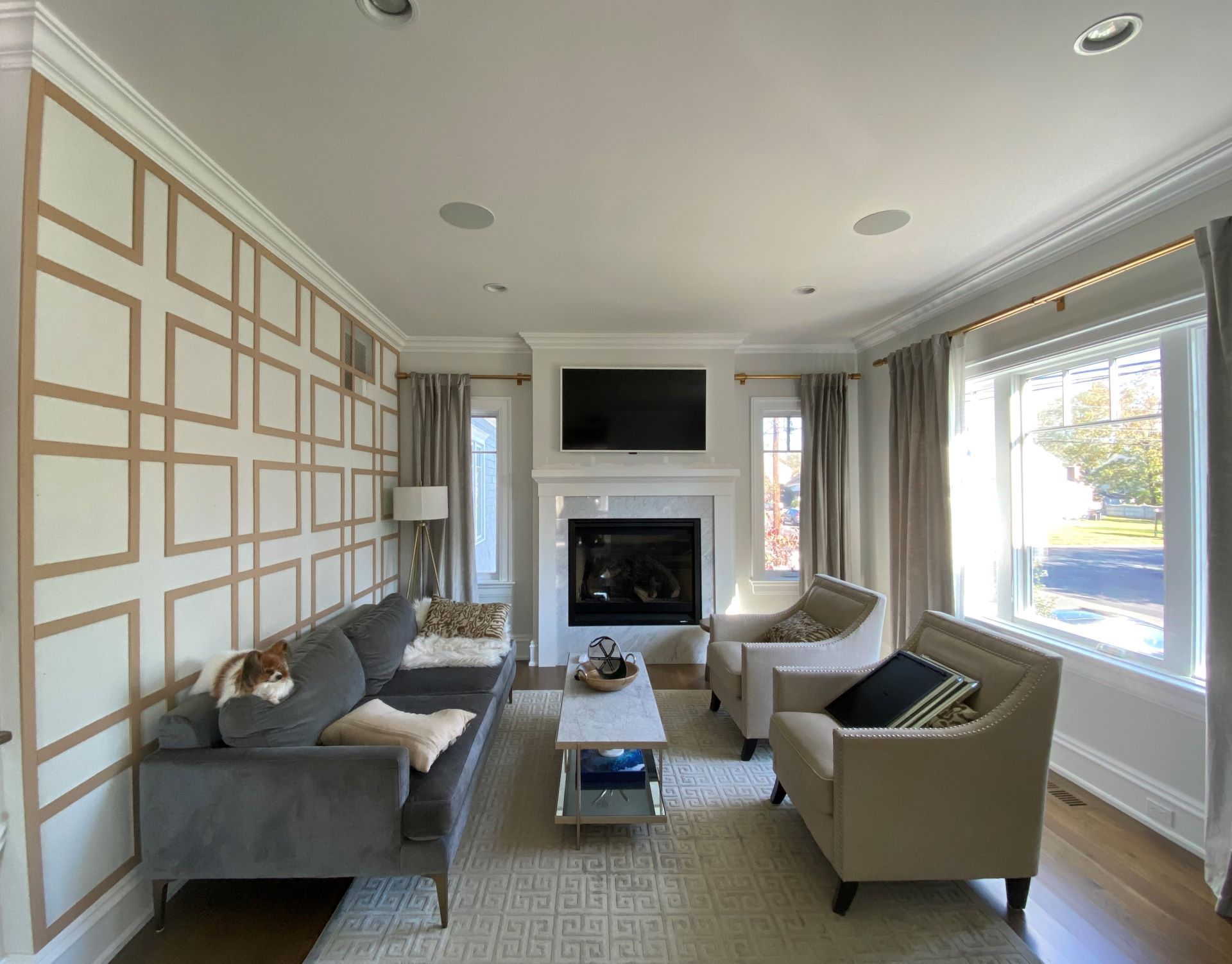 specialty wood cut accent wall in family room