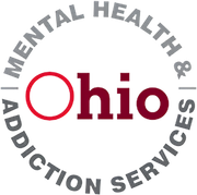 Ohio Mental Health & Addiction Services logo with gray circular text and red “Ohio” wordmark