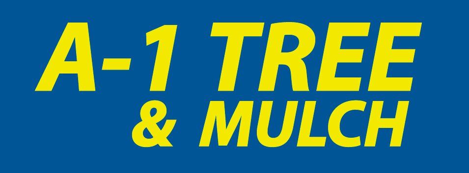 A blue sign with yellow letters that says a-1 tree and mulch