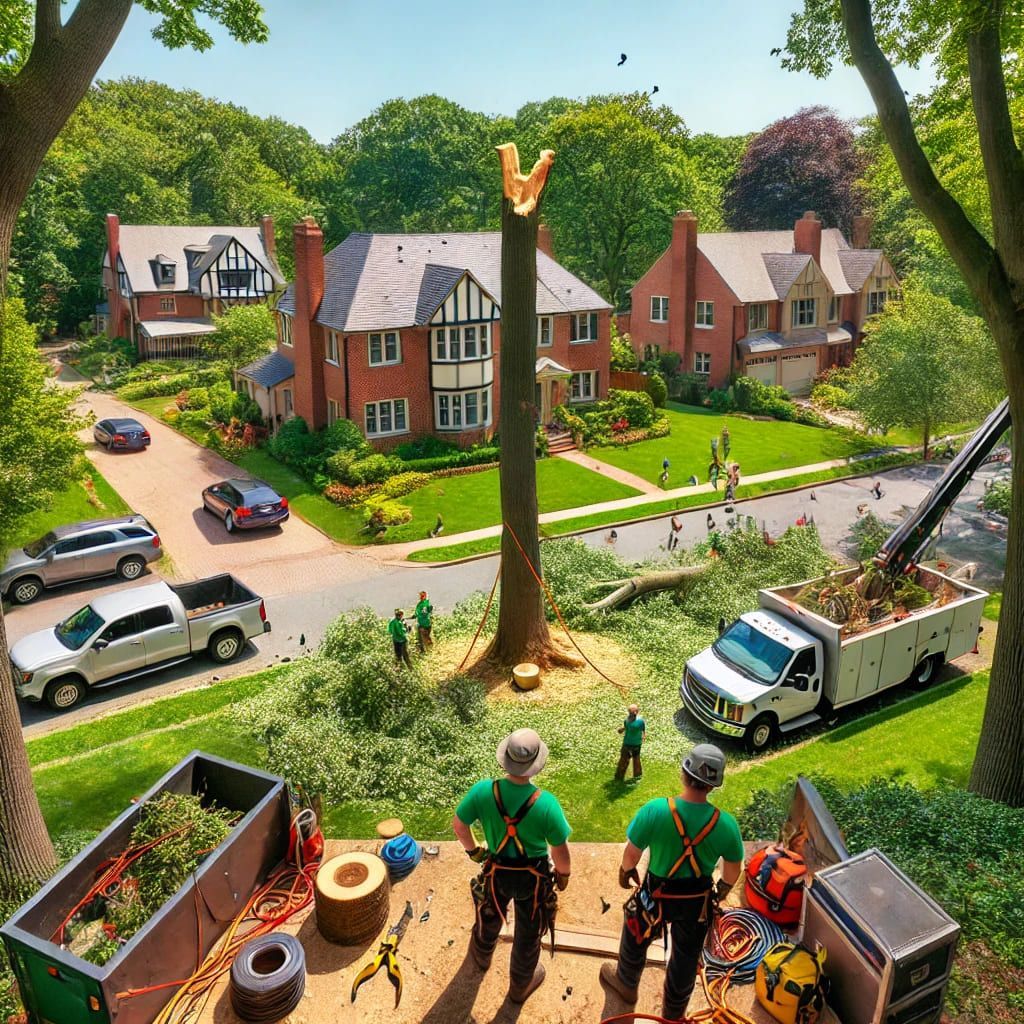 An aerial view of a tree being cut down in a residential area