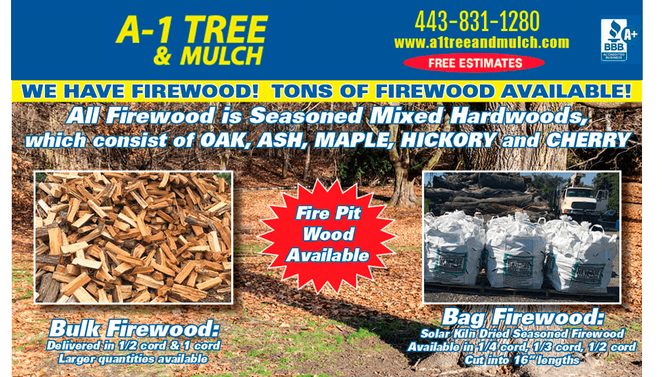 An advertisement for a 1 tree and mulch says that they have tons of firewood available