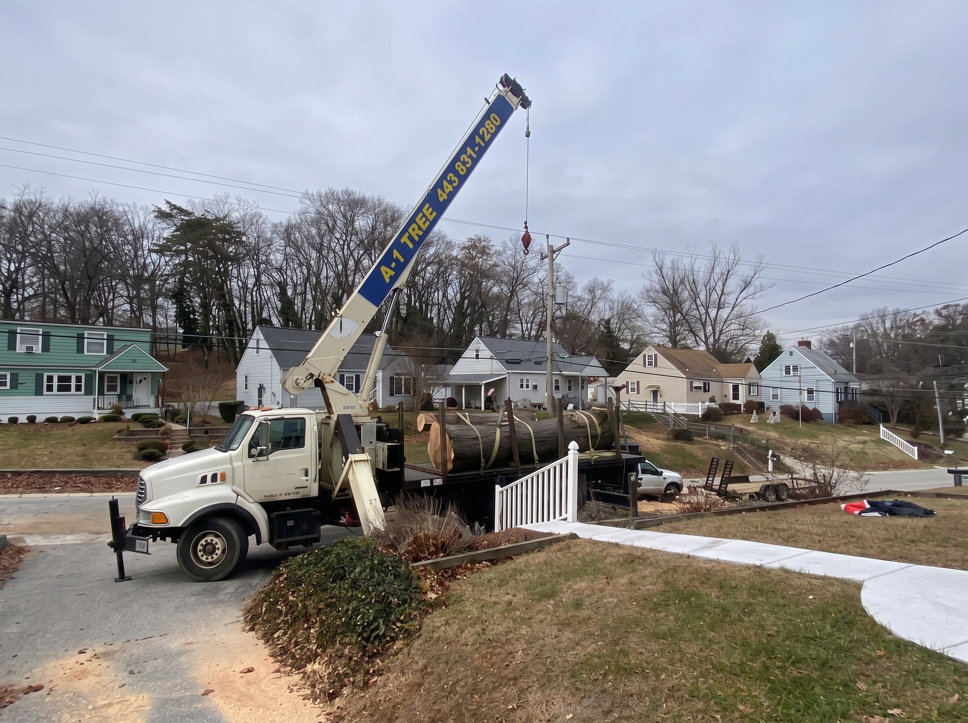 A-1 Tree and Mulch crane loading large trunk sections at a Baltimore-area job