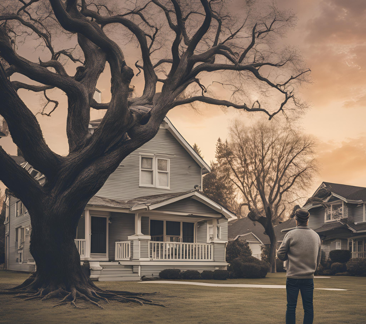 A man standing in front of a house with a tree in front of it