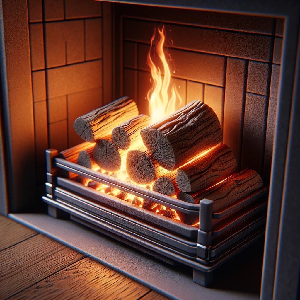 A fireplace filled with logs and fire.