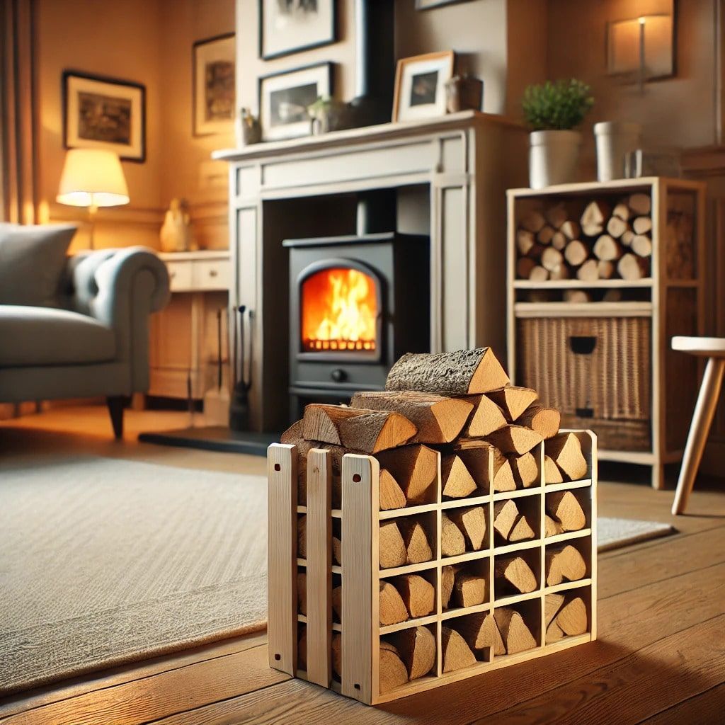 A living room with a fireplace and a wooden crate filled with logs
