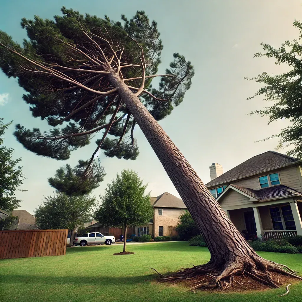 A tree that has fallen in front of a house