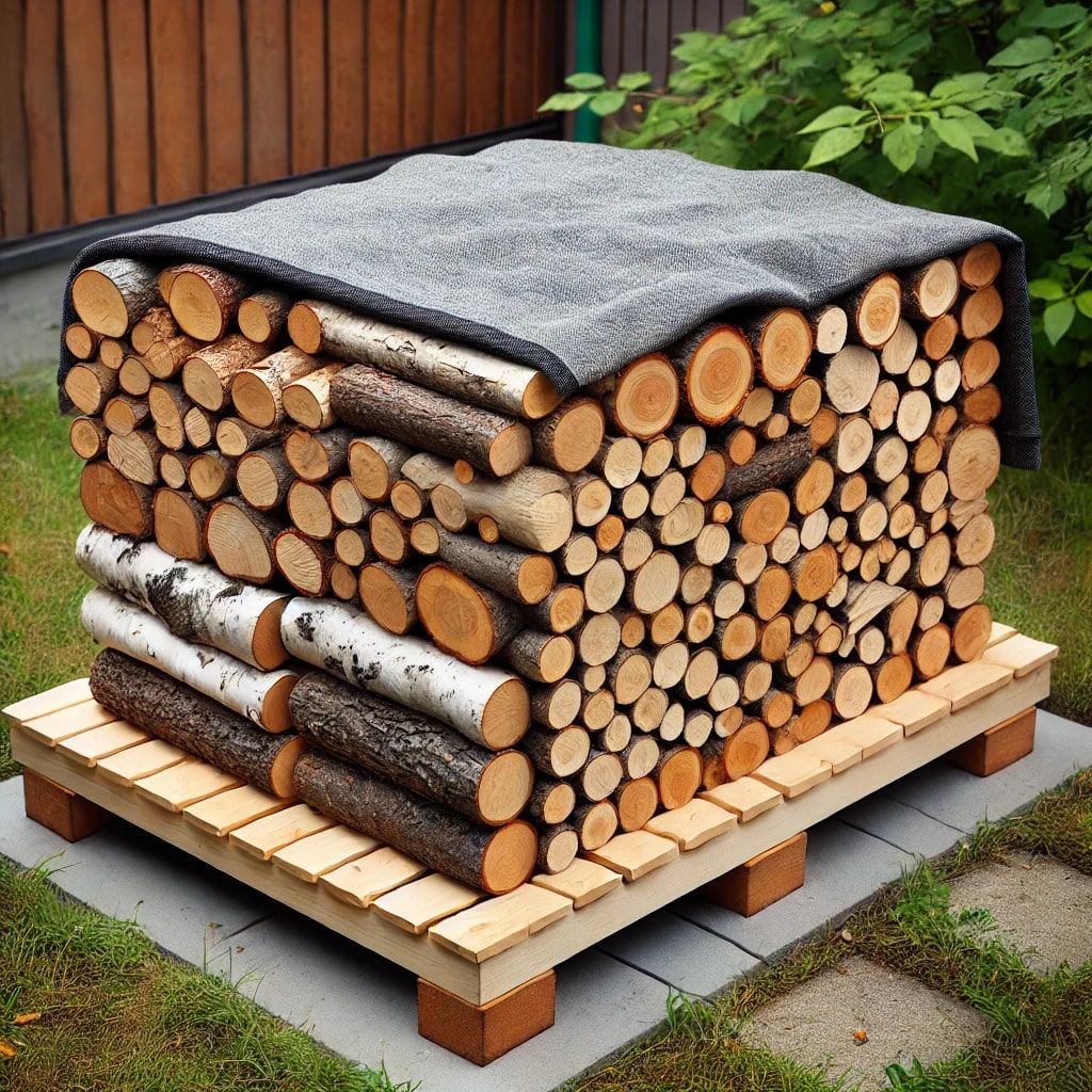 A pile of logs stacked on top of each other on a wooden pallet