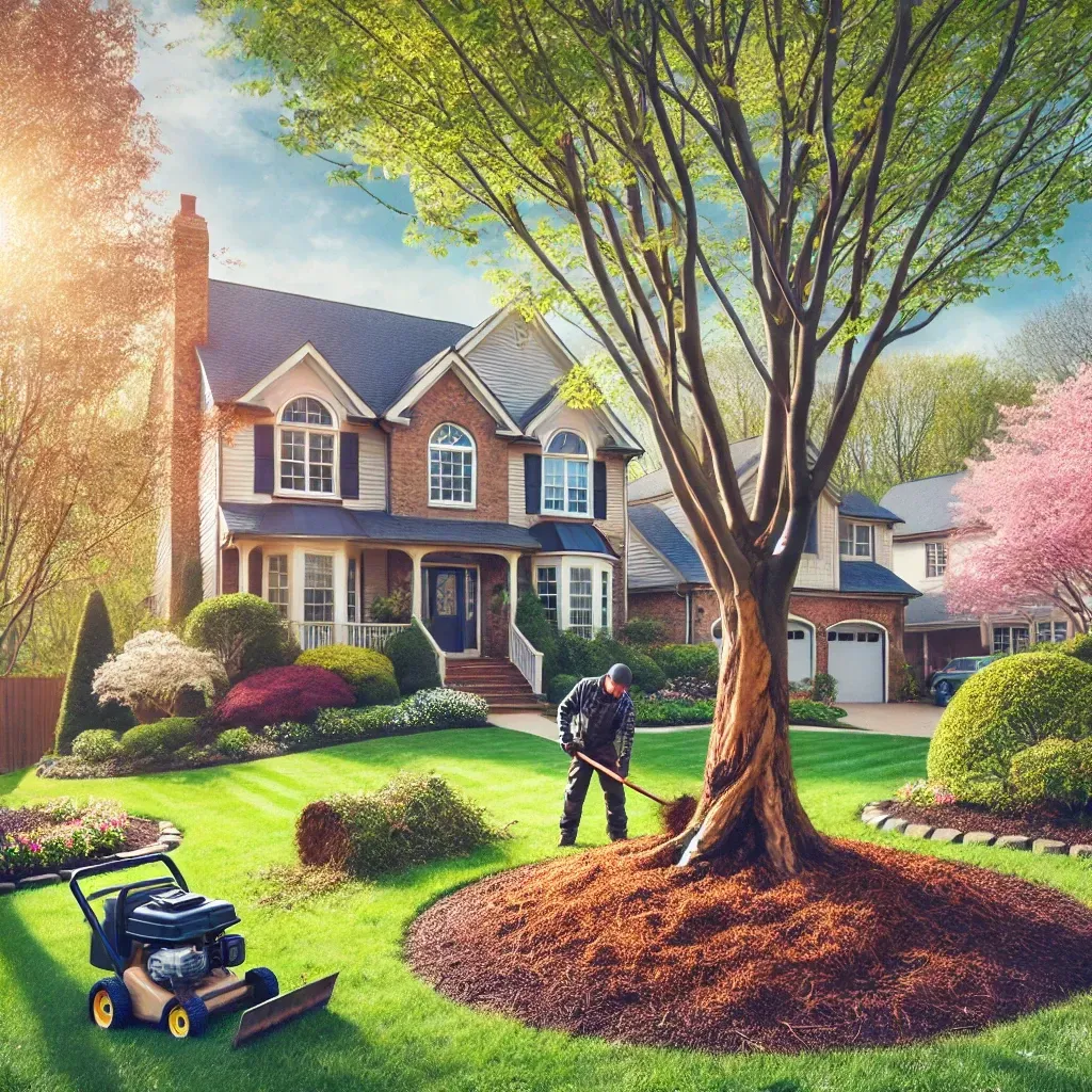A man is mowing the lawn in front of a house.