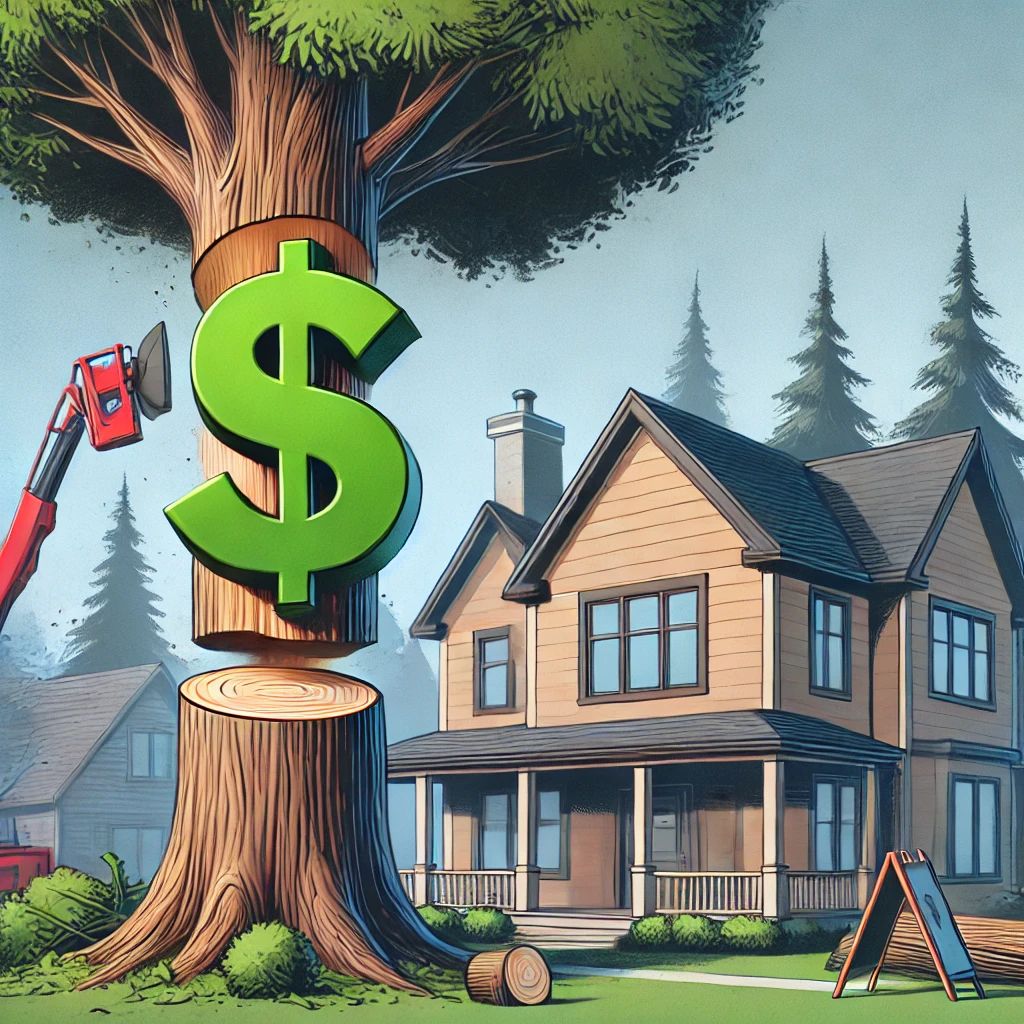 An illustration of a house and a tree with a dollar sign on it