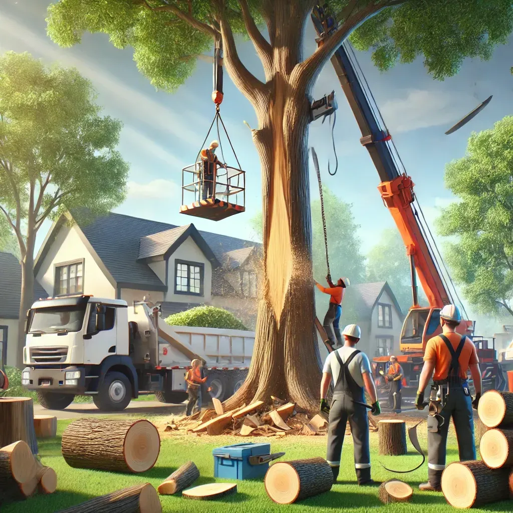 A group of men are cutting down a tree with a crane