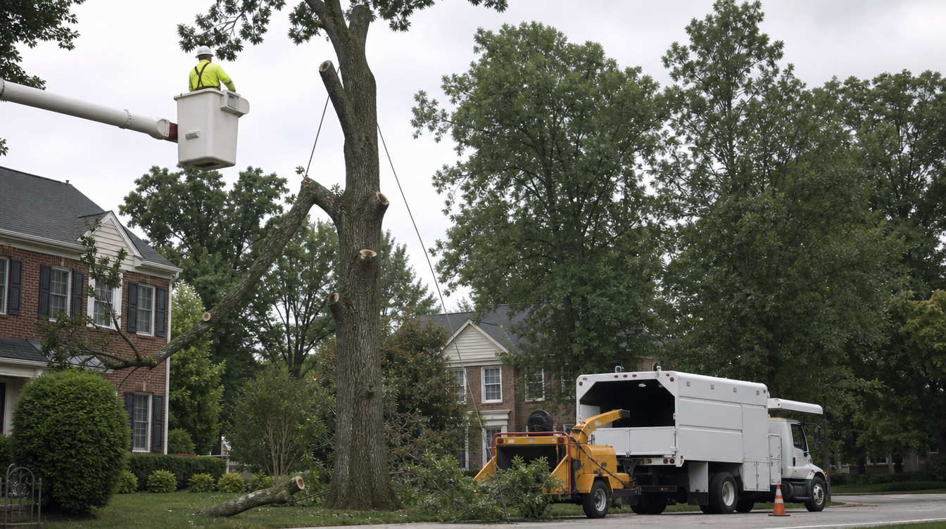 Professional crew dismantling a large mature oak in sections from a bucket truck in an established Towson, MD neighborhood
