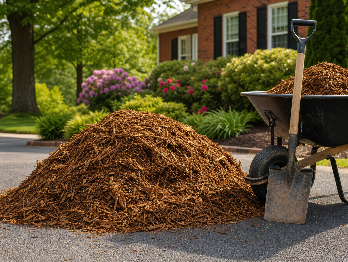 Fresh double-shredded hardwood mulch pile on a residential driveway ready for delivery in Towson, MD