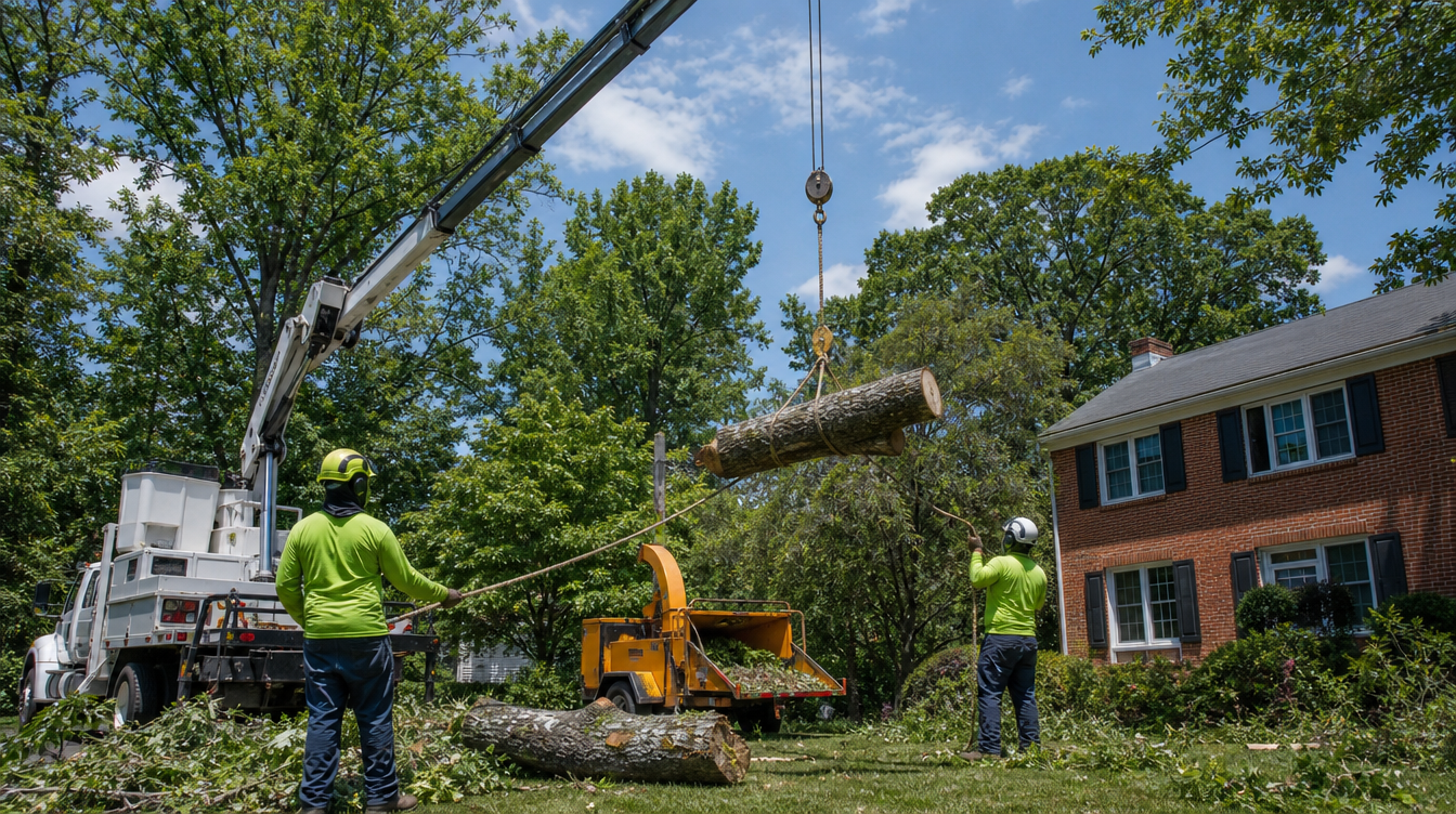 Large mature tree being evaluated for controlled removal on a spacious Monkton property