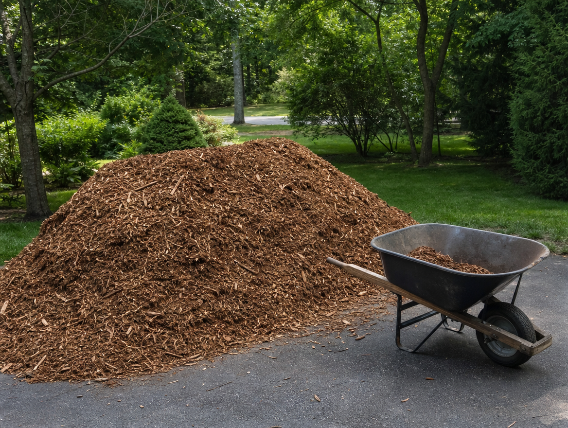 Fresh wood-chip mulch prepared for landscape delivery in Baltimore County