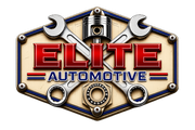 Elite Automotive logo with red lettering, silver tools, and gear emblem on a metallic badge