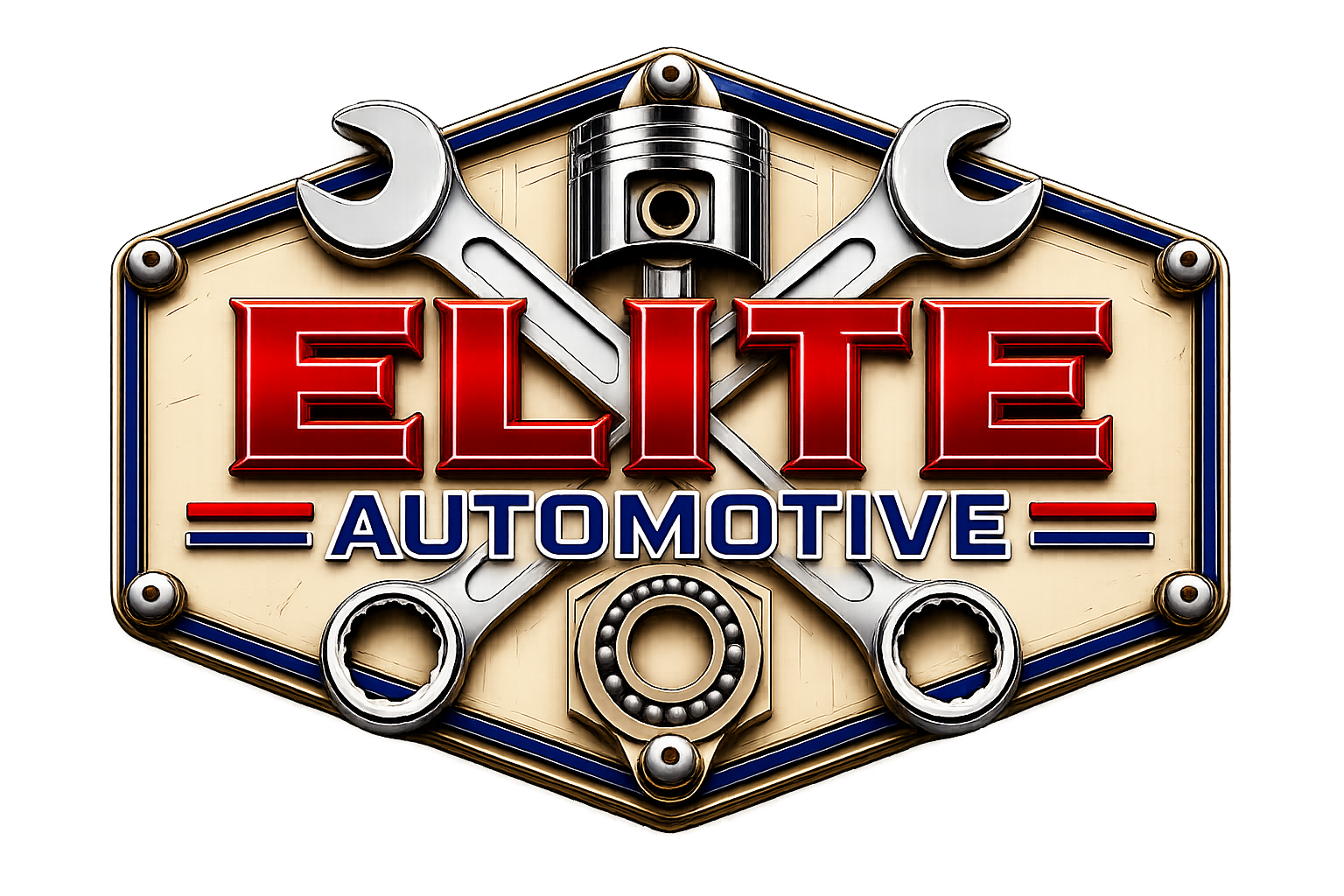 Elite Automotive logo with red lettering, silver tools, and gear emblem on a metallic badge