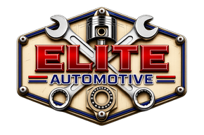 Elite Automotive logo with red lettering, silver tools, and gear emblem on a metallic badge