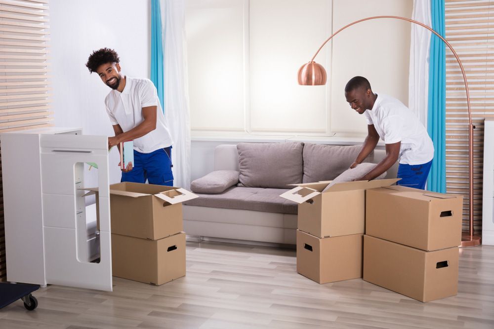 Two Men Are Moving Boxes in a Living Room — Davis Removals & Storage in Sydney, NSW