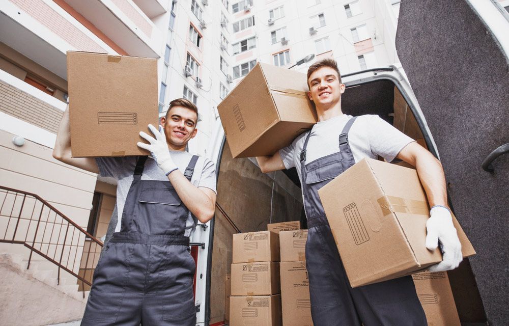 Two Men Are Carrying Boxes Out of a Van — Davis Removals & Storage in Dundowran, QLD