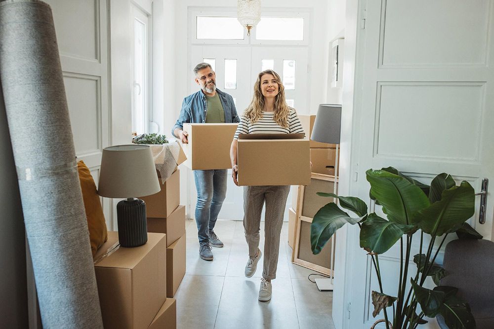 A Man and a Woman Are Carrying Cardboard Boxes Into a New Home — Davis Removals & Storage in Newcastle, NSW