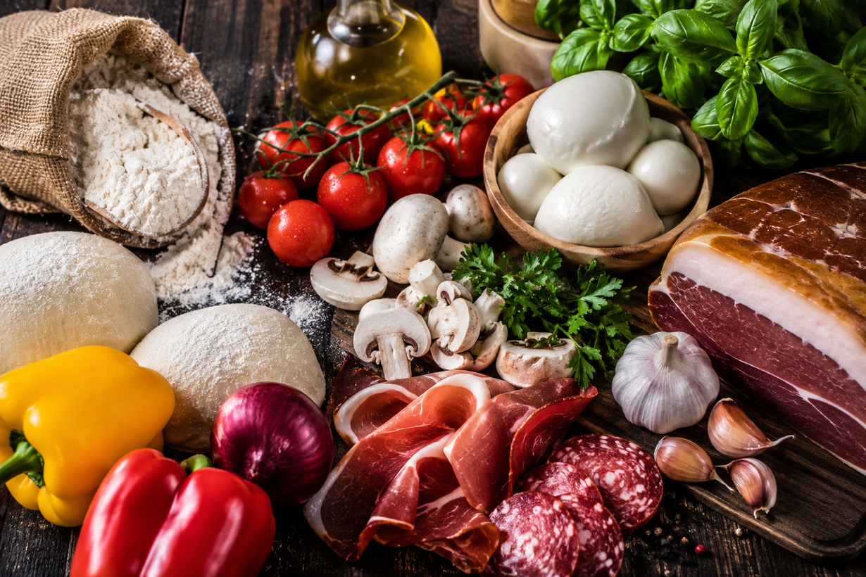 Su un tavolo sono disposti diversi alimenti freschi, tra cui pomodori, peperoni, funghi, uova, erbe aromatiche, carne e pane.