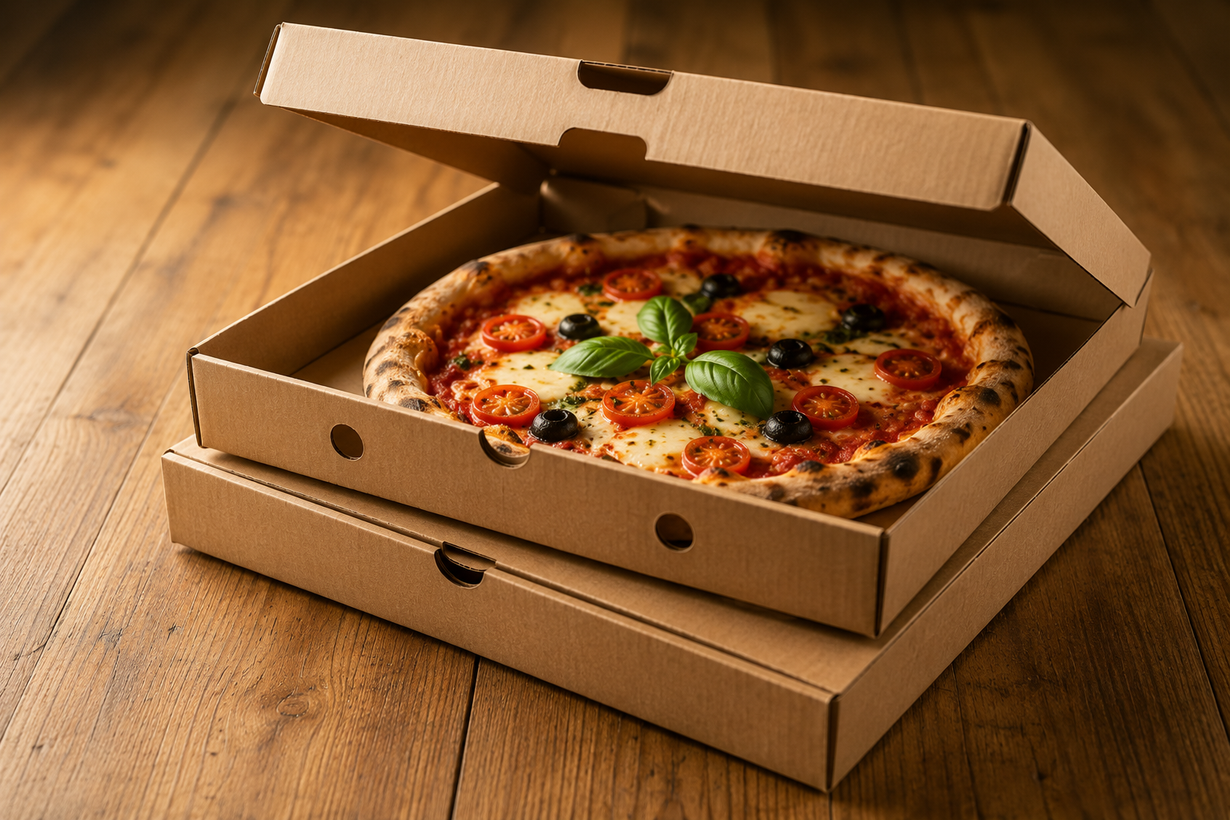 Pizza aperta in una scatola di cartone marrone per la consegna, appoggiata su un tavolo di legno.