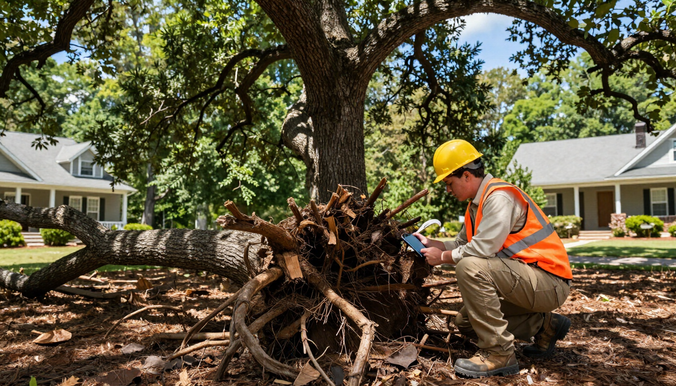 Professional arborist assessing emergency tree damage in Asheville NC