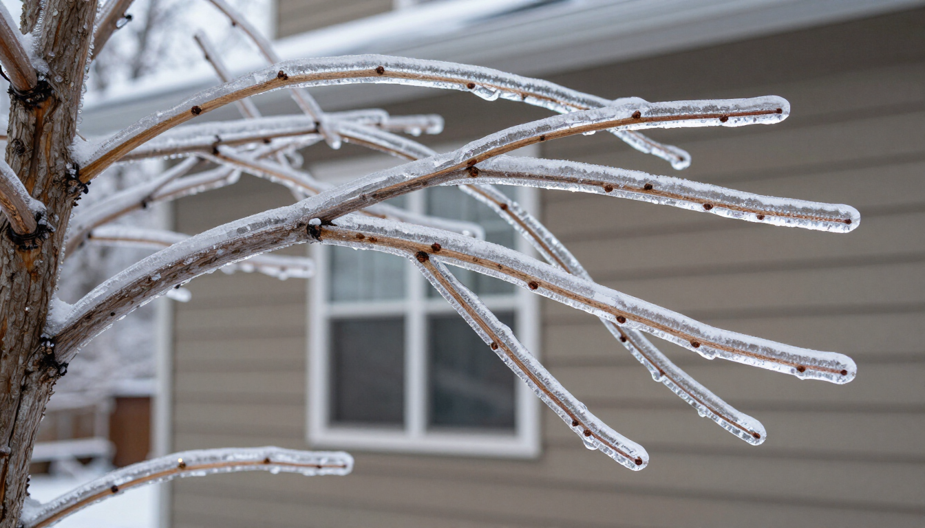 Ice-covered tree branches near an Asheville home