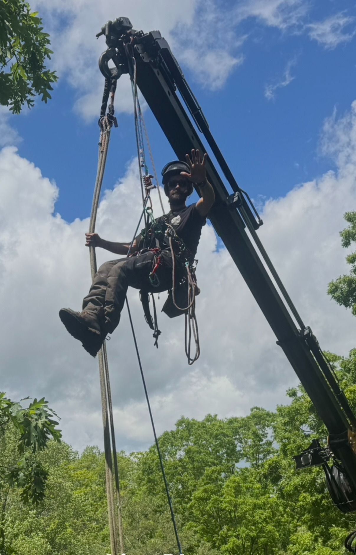 Man in safety gear waving, suspended from a crane arm, amidst trees and a blue sky.